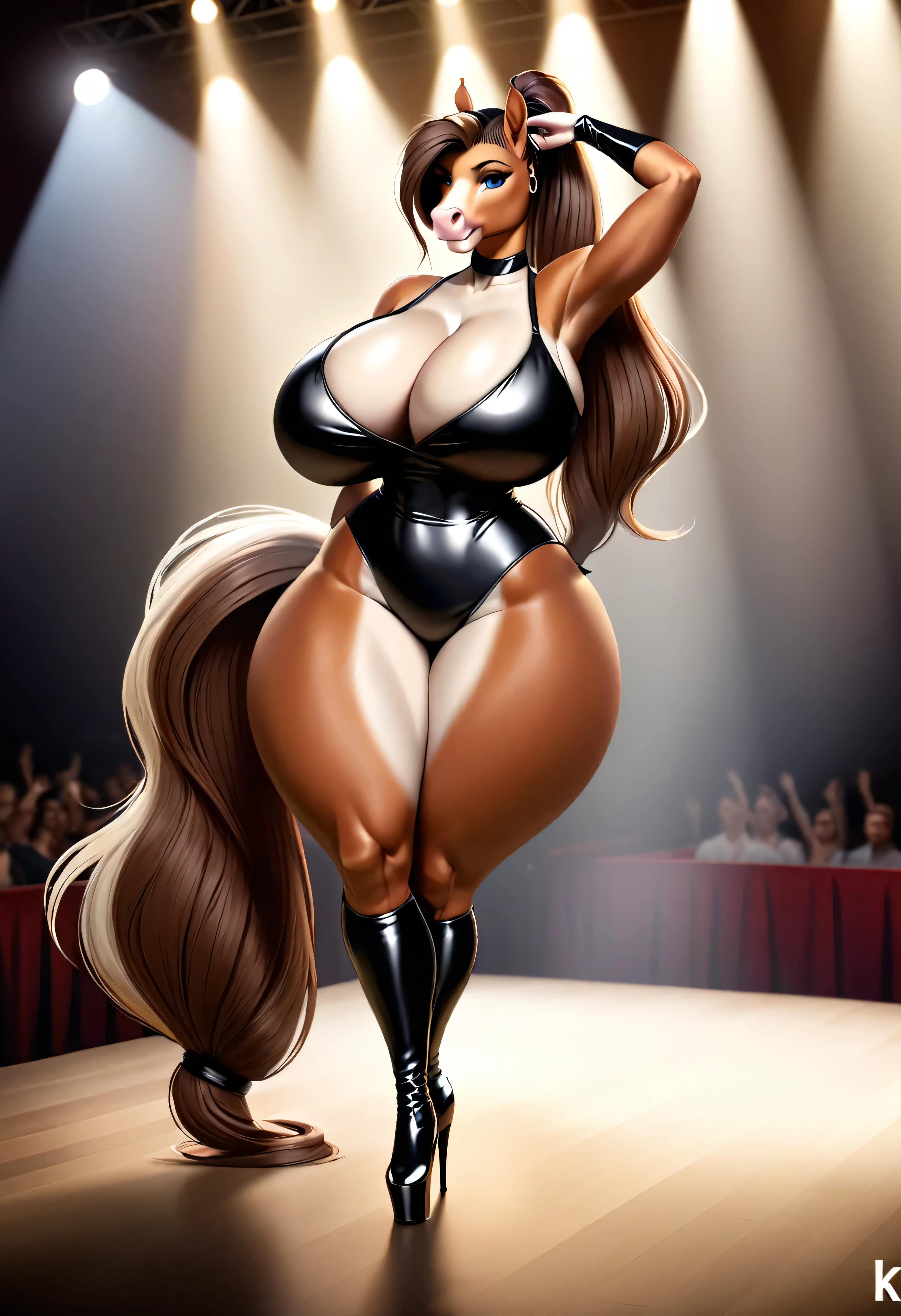 4k, highly detailed, realistic, extremely high quality drawing, masterpiece, keeltheequine style, uploaded on e621, female anthro furry horse, bimbo milf, dancing on stage, wearing a sexy dancer's outfit, with high heels, (beautiful and detailed eyes:1.1), long legs, ponytail hairstyle, detailed fur, seductive, sexy, voluptuous, curvy body, hourglass figure, huge breasts, thick thighs, wide hips, cinematic lighting, f1.8 short focus bokeh