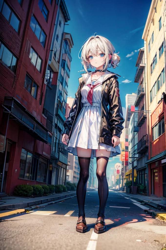 ((anime girl)) standing in a downtown city street in ruins