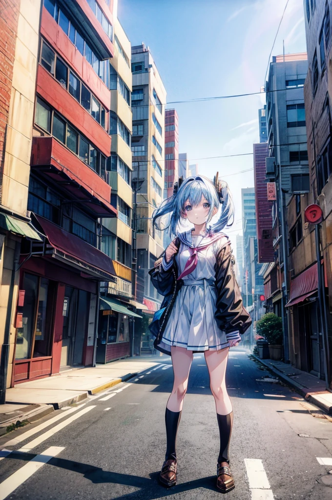 ((anime girl)) standing in a downtown city street in ruins