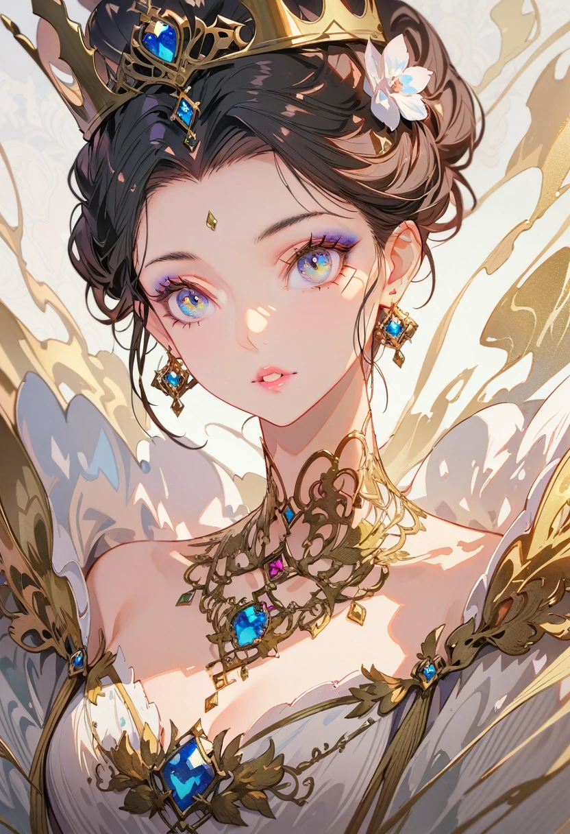 a beautiful queen, extremely detailed face, beautiful detailed eyes, beautiful detailed lips, long eyelashes, flawless skin, Crown, ornate gold jewelry, flowing silk dress,close_up,Exquisite makeup,best quality,Amazing,masterpiece,delicate,ultra high res,ultra detailed,8K,sharp focus,(extremely detailed CG unity 8k wallpaper),
