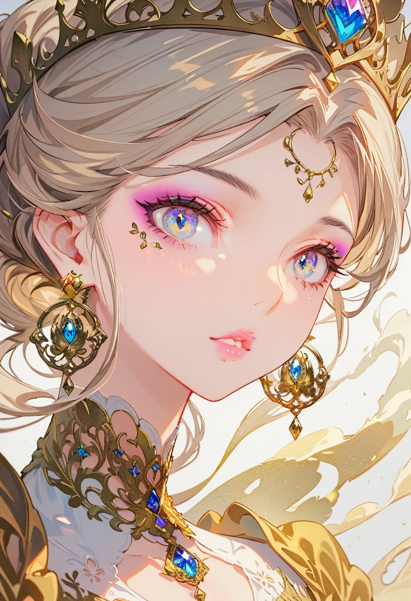 a beautiful queen, extremely detailed face, beautiful detailed eyes, beautiful detailed lips, long eyelashes, flawless skin, Crown, ornate gold jewelry, flowing silk dress,close_up,Exquisite makeup,best quality,Amazing,masterpiece,delicate,ultra high res,ultra detailed,8K,sharp focus,(extremely detailed CG unity 8k wallpaper),