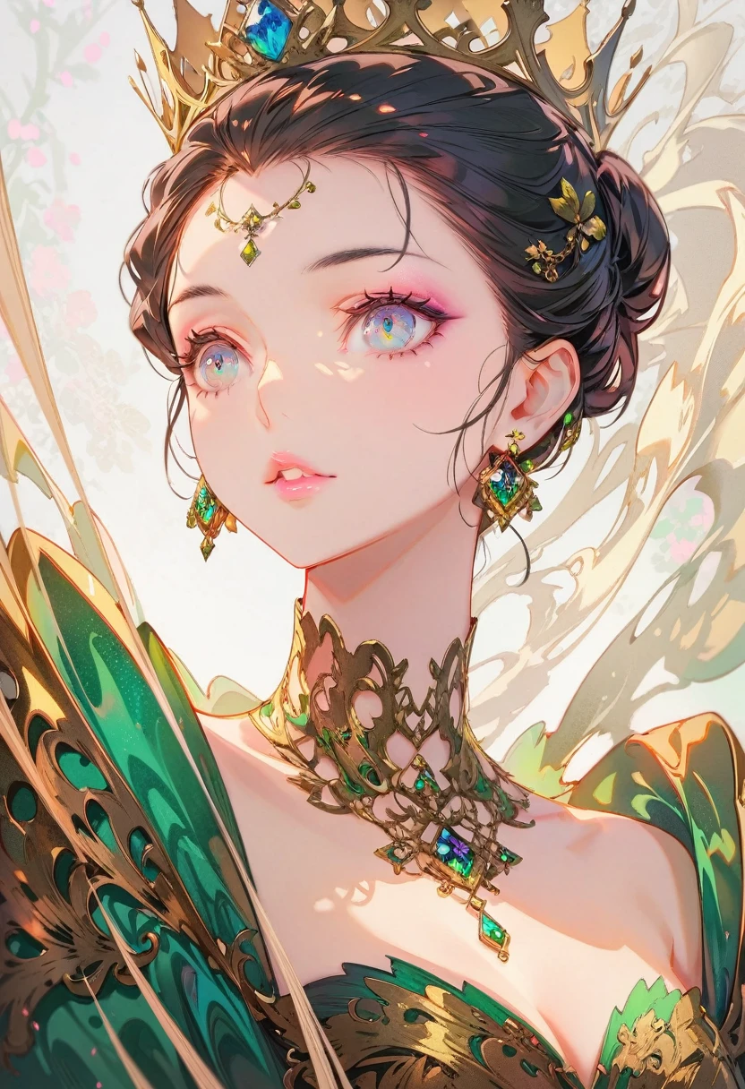a beautiful queen, extremely detailed face, beautiful detailed eyes, beautiful detailed lips, long eyelashes, flawless skin, Crown, ornate gold jewelry, flowing silk dress,close_up,Exquisite makeup,best quality,Amazing,masterpiece,delicate,ultra high res,ultra detailed,8K,sharp focus,(extremely detailed CG unity 8k wallpaper),