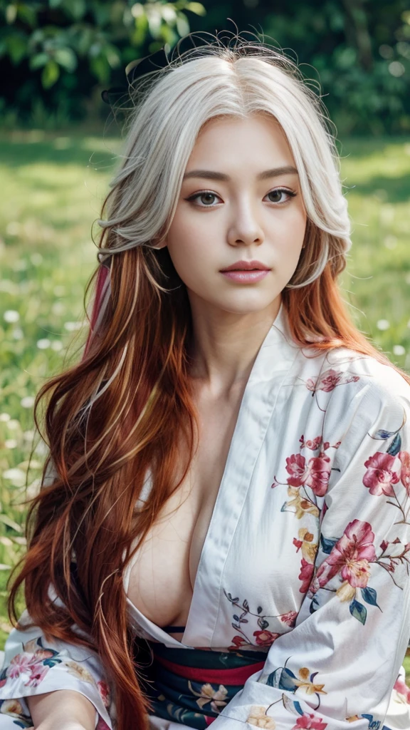 Upperbody portrait of a beautiful japanese girl with (long red hair:1.31) with (white hair face-framing highlights:1.3), (partial highlights hairstyle:1.4), beautiful detailed eyes, beautiful detailed lips, extremely detailed face, long eyelashes,  slim body, expose sagging breast, wearing floral kimono, sitting with cross-legged, on the grassfield, warm ambient, intricate details, cinematic composition, highly detailed, photorealistic, digital art, vibrant colors, natural lighting, ethereal, simple background, seen from forward, photon mapping