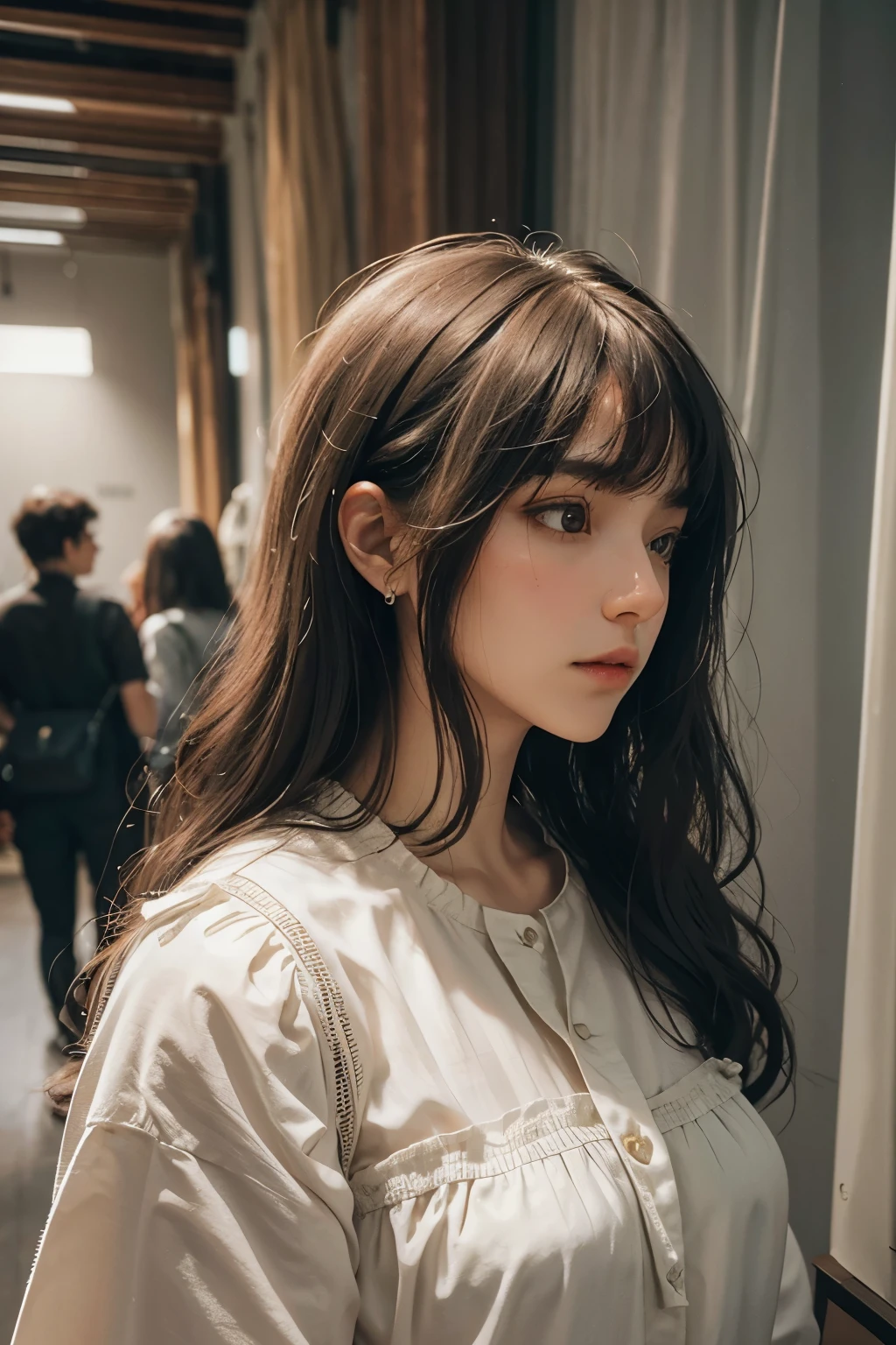 Raped woman with permed hair, what makeup, without makeup, Centrally separated curtain bangs, Profile picture, Use Instagram Filters, Subtle soft and dim light, Pose looking around the museum, Sculpture, Landmark, perfect face, julia sardinian, perfect hands, Random behavior, (full_body),