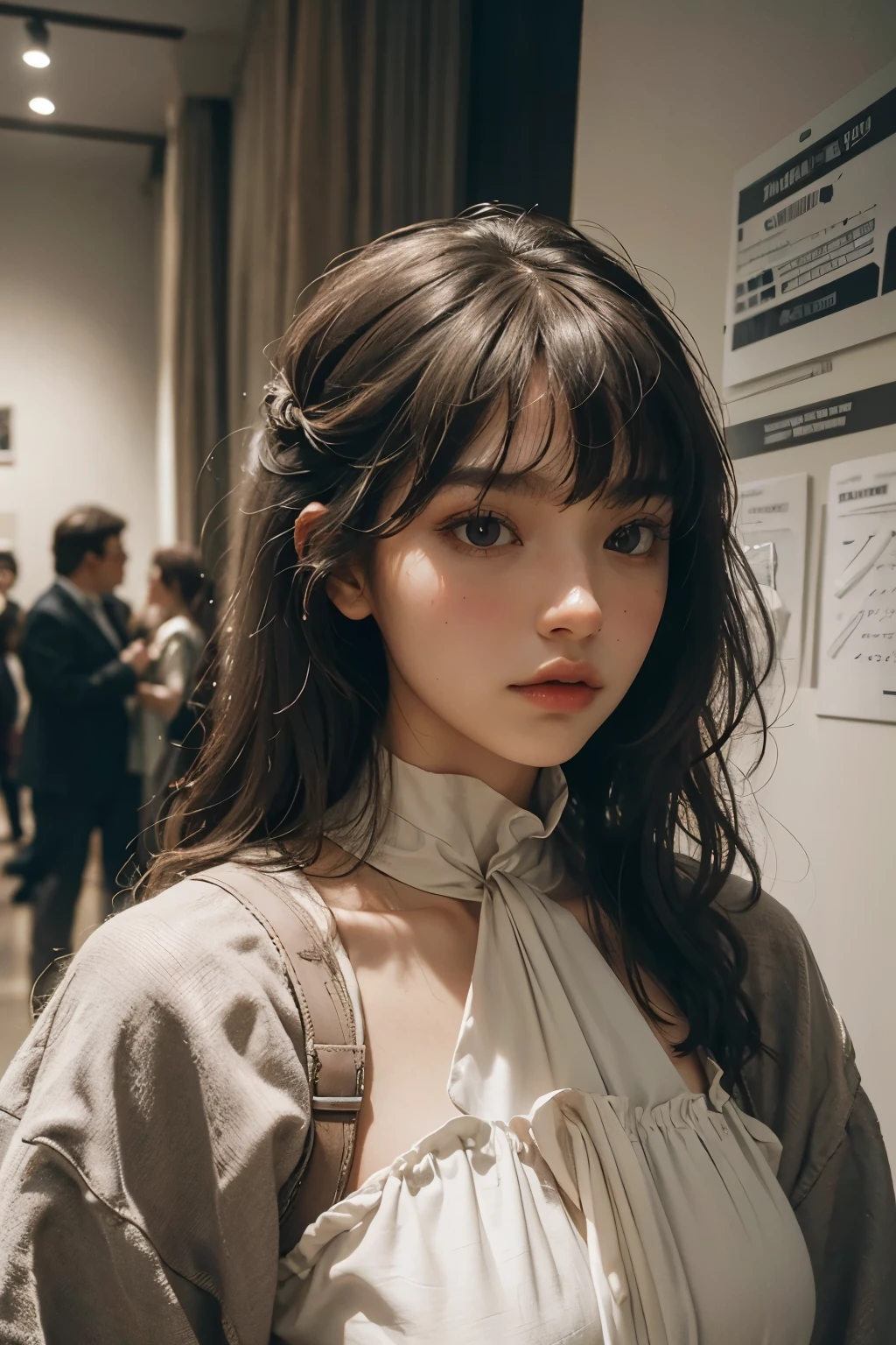 Raped woman with permed hair, what makeup, without makeup, Centrally separated curtain bangs, Profile picture, Use Instagram Filters, Subtle soft and dim light, Pose looking around the museum, Sculpture, Landmark, perfect face, julia sardinian, perfect hands, Random behavior, (full_body),