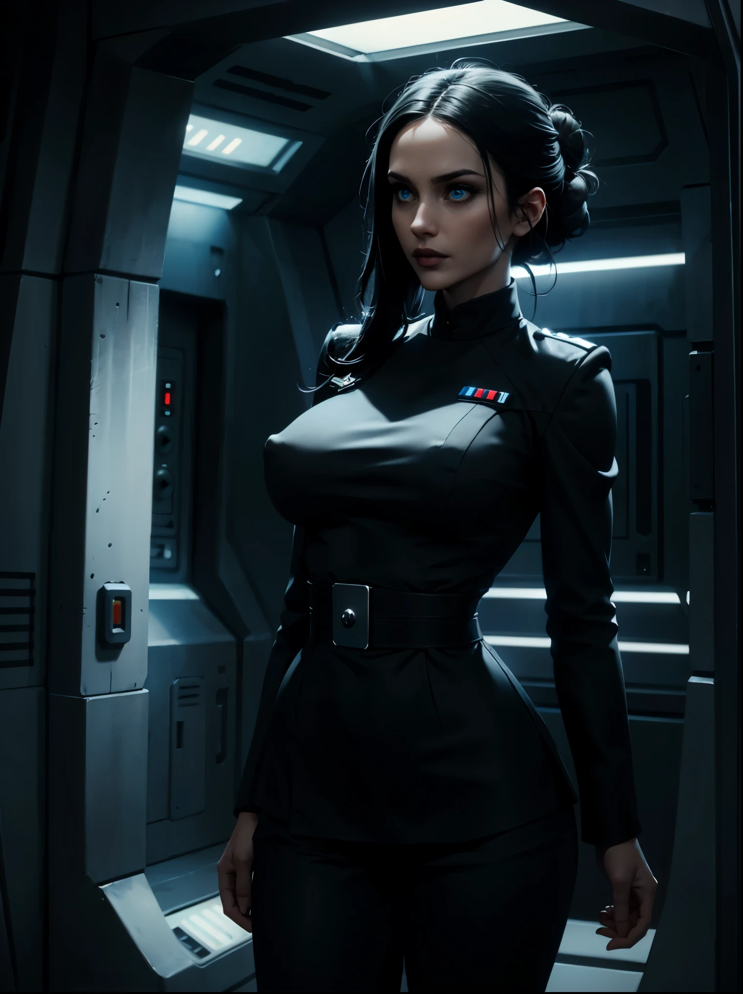 Incredibly detailed wide angle shot shot of a gorgeous and skinny woman with EXTREMELY saggy big breasts, nipples visible through clothing, a narrow waist, a incredibly supermodel thin body, with VERY narrow hips, super thin legs, (bimbo lips), vivid blue eyes, extremely detailed face, thoughtful expression, (long ((black)) hair styled in bun), Star Wars Imperial Officer black uniform, matte paint, atmospheric, dramatic lighting, standing inside an imperial space ship.