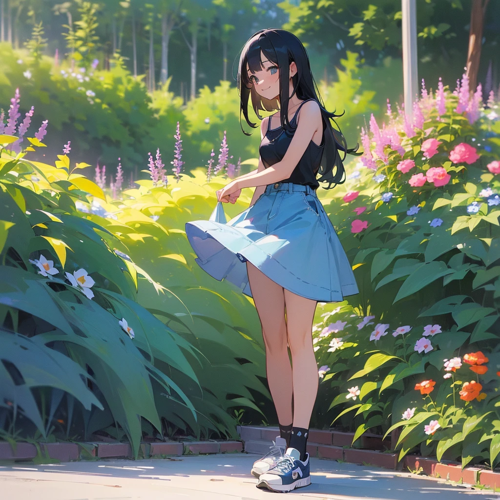 (high quality, High resolution, Very detailed, reality:1.37), Peaceful atmosphere, (Outdoor, garden),  girl standing alone, (my breasts are big.), Beautiful details, Cute Smile, (Black bob hair), camisole, Denim skirt, Blue socks, sneakers.