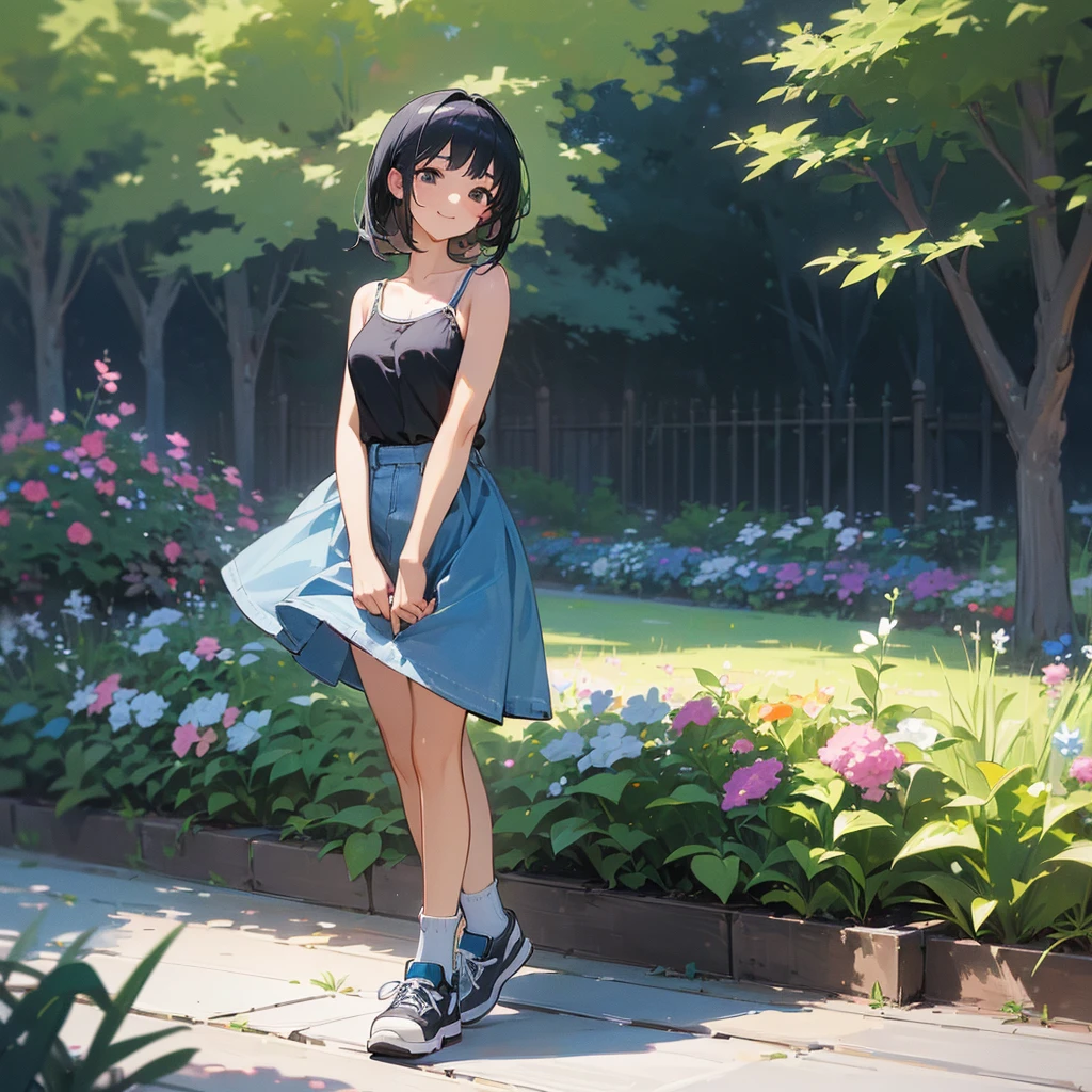 (high quality, High resolution, Very detailed, reality:1.37), Peaceful atmosphere, (Outdoor, garden),  girl standing alone, (my breasts are big.), Beautiful details, Cute Smile, (Black bob hair), camisole, Denim skirt, Blue socks, sneakers.