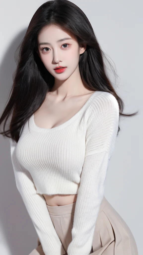 （lifelike,high resolution：1.3）， slim girl， The face shape and eyes are really delicate.,black hair,red glossy lips,(beautiful face), (best quality), (very detailed), (very detailed CG 통합 8k 벽지),(white short sweater),(white background),(a little cleavage),(model photo),sexy look,big eyes,(standing),(short skirt)，eyes looking at the audience,soft chest,정말 현실적인 크고 soft chest,big bust,character center,black hair,model pose,