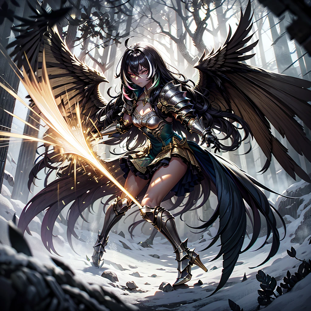 Young demigoddess, long black hair with rainbow highlights, golden eyes, armored dress, battle dress, snowy forest, large single black wing, battle spear in her hand, attacking with spear, tanned skin, rainbow hair strands, hair over one side, glowing eyes, volumetric lighting, intricate details, rainbow hair, big wing, front picture, tanned skin, great chest plate, arrogant, front ligh, arrogant expression, black hair with rainbow highlights,  closed dress, arrogance, light brown skin, arrogant girl, light dark skin