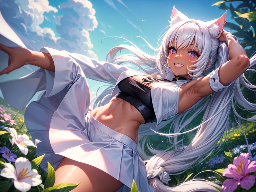 Creating an illustration of a woman, white cat ear, long white twintails, purple cat eyes, Tanned skin, big breasts, She is happy and smiling, She has claws on her fingertips, She has a white cat's tail, She is wearing a little black crop top and a black mini skirt, She is having fun in a flower field.
