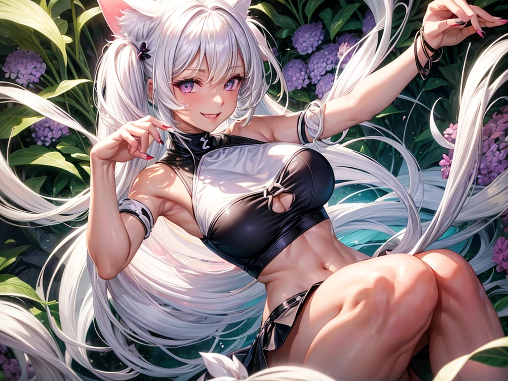 Creating an illustration of a woman, white cat ear, long white twintails, purple cat eyes, Tanned skin, big breasts, She is happy and smiling, She has claws on her fingertips, She has a white cat's tail, She is wearing a little black crop top and a black mini skirt, She is having fun in a flower field.