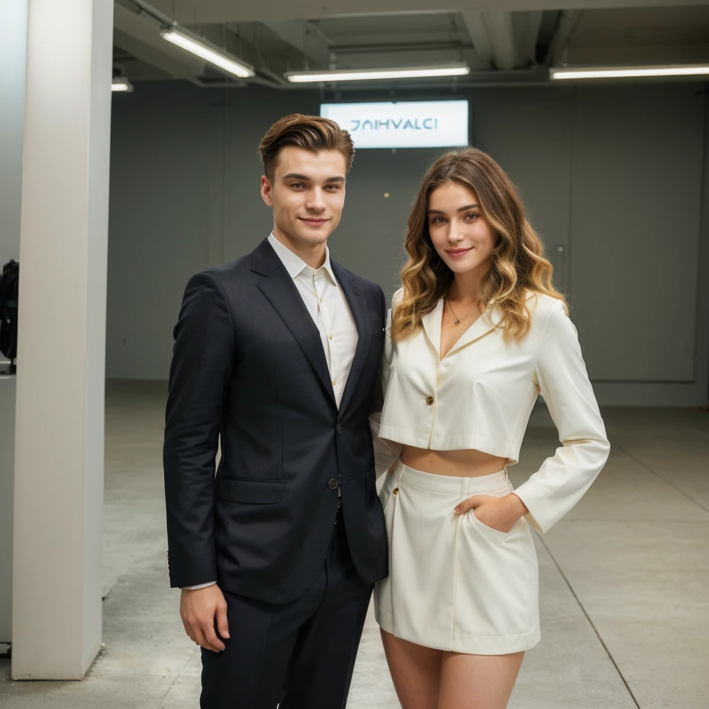 25 year old Russian man , short dark hair with fade, dark suit,confident expression,Sharp chin,vibrant skin,smiling,beautiful  face,standing pose, and next to the man is a blonde woman with wavy hair, AI that is beautiful, cute and well dressed. Consider your style, her personality and the type of content she creates. How would she express herself through fashion and appearance to identify with her audience? What kind of clothing, colors and accessories would better reflect your personality and make you stand out?" city scenery,Professional studio lighting,realisitic,for Ferrari, photorealisitic:1.37,portraits,bright coloured,tom legal,soft lighting,oval cheese