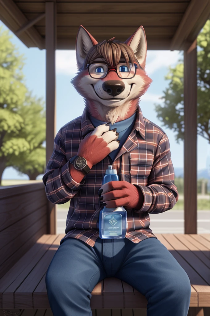 Ivan Fedorovich Wolfbach (Novosibirsk) ,tall handsome, wolf,young, 24 years, brown fur,Kind,(red body:1.3),beautiful blue eyes,Novosibirsk,dressed, glasses,plaid shirt, jeans,dear Joachim,canine, wolf, detailed fur, male, second, paw pads, finger claws,At the viewer, 5 fingers, paws, 5 fingers, smile, wrist watch, т nextel,by xenoforge, (difficult, high detail, digital photography, soft focus, RAW,goes for a walk, ,Very close to the camera, variety,Novosibirsk, smile, good mood, positive, Very close to the camera, plaid shirt, in dentistry,hair, brunette bangs, , covered,
Photorealism, realistic, photorealistic, digital style, Subsurface tering,I look at the viewer,is sitting, waiting for the doctor, of the brown car, perfume perfumery, plaid shirt, cuts his hair,
masterpiece, Best quality, ultra realistic, 8 thousand.)