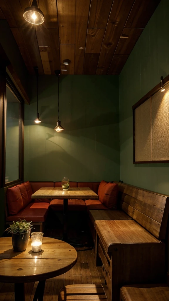 A wooden cafe, with warm lights. Outside windows raining. Fairy light. At the corner have red sofa, a wooden table. On the table have hot coffee and a book. With frames and big green plant at the corner. Have a few wooden tables and chairs too.