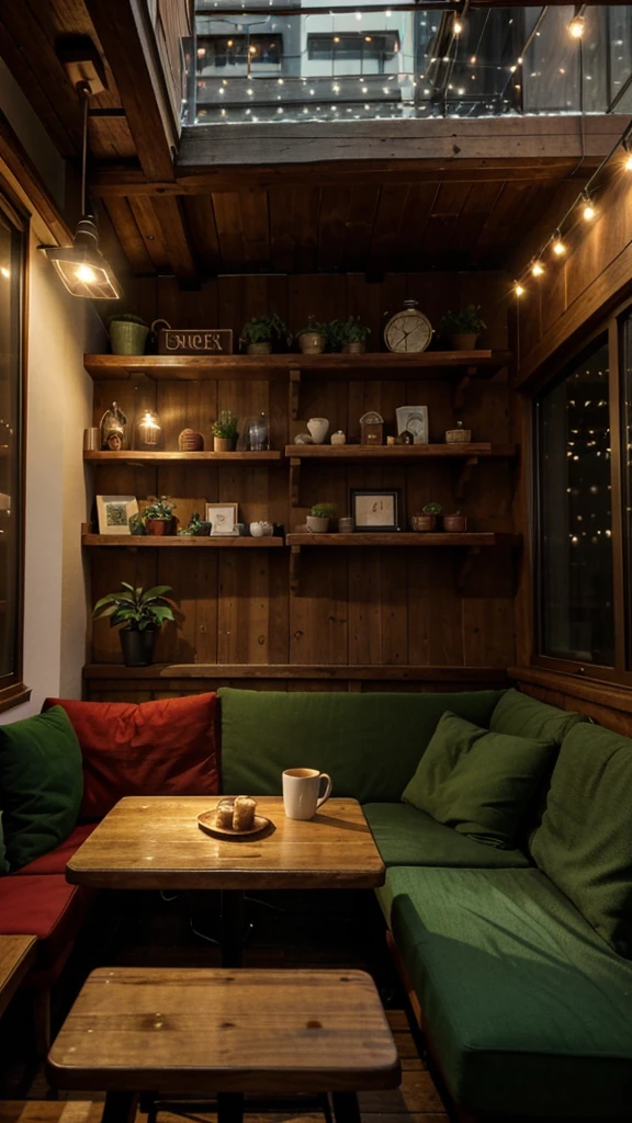A wooden cafe, with warm lights. Outside windows raining. Fairy light. At the corner have red sofa, a wooden table. On the table have hot coffee and a book. With frames and big green plant at the corner. Have a few wooden tables and chairs too.