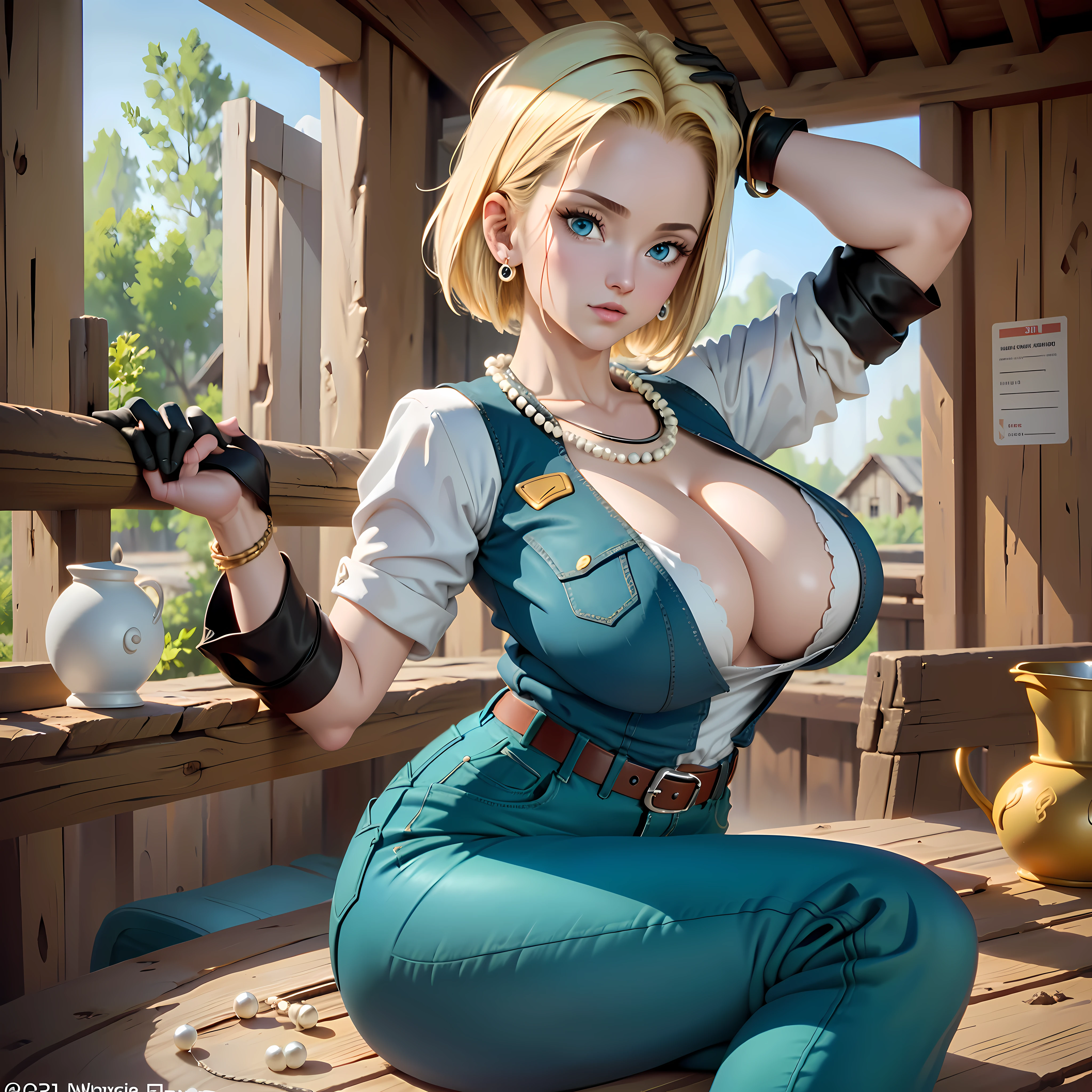 (masutepiece, Best Quality, High resolution, 32K), (((1womanl, Solo))), (Android18_nffsw, Jewelry, Necklace, Pearl Necklace, :1.35, earrings, gloves, Belt bag, Pants, denim, jeans, Perfect eyes, Blue eyes), (super gigantic breast:1.2, ultra gigantic tits:1.2, SuperHuge boobs:1.2, ultra huge cleavage:1.2, Perfect slim body:1.3), (Exposed shaved armpits:1.75, In an abandoned hut, Shabby hut, Messy hut, Dark atmosphere:1.1), (Intricate details:1.1), (Natural Skin Texture, Hyper-Realism), (Detailed face, super detailed skin),