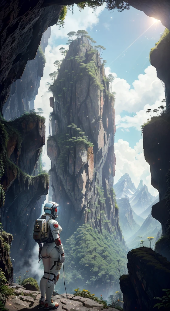 (35mm style:1.2), Highly detailed RAW color photo, Back angle, Full body, of (Female Space Marine, Wearing white and red spacesuit, Futuristic helmet, Spiked face shield, Recycler, Accented booty), Outdoors, (standing on precipice of tall rocky mountain, Looking at magical lush rainforest on alien planet), Vivid detail, (Exotic alien planet), Toned body, Big butt, (Science Fiction), (Mountains:1.1), (Lush green vegetation), (Two moons in the sky:0.8), (Highly detailed, Hyper detailed, Intricate), (Lens flare:0.7), (Bloom:0.7), Particle effects, Ray tracing, Cinematic lighting, Shallow depth of field, Shot on professional camera, 35mm wide angle lens, Sharp focus, Cinematic frame from Gravity 2013., Seen from behind, Dynamic angle