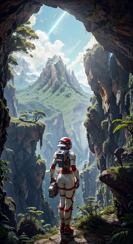 (35mm style:1.2), Highly detailed RAW color photo, Back angle, Full body, of (Female Space Marine, Wearing white and red spacesuit, Futuristic helmet, Spiked face shield, Recycler, Accented booty), Outdoors, (standing on precipice of tall rocky mountain, Looking at magical lush rainforest on alien planet), Vivid detail, (Exotic alien planet), Toned body, Big butt, (Science Fiction), (Mountains:1.1), (Lush green vegetation), (Two moons in the sky:0.8), (Highly detailed, Hyper detailed, Intricate), (Lens flare:0.7), (Bloom:0.7), Particle effects, Ray tracing, Cinematic lighting, Shallow depth of field, Shot on professional camera, 35mm wide angle lens, Sharp focus, Cinematic frame from Gravity 2013., Seen from behind, Dynamic angle