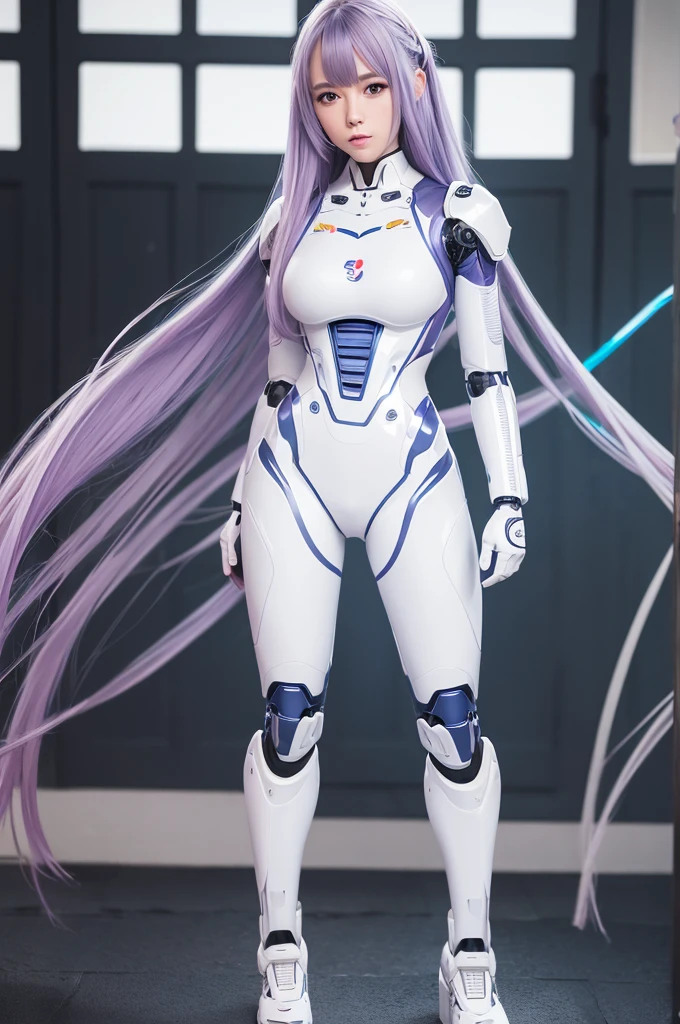 full body shot, focus on background, laboratory, masterpiece, best quality, ultra-detailed, extremely detailed, 4K, 8K, best quality, beautiful, watercolor, anime style, a pretty woman, solo, robot suit, robot, beautiful rainbow hair, beautiful white eyes, beautiful eyes, long hair, mesh, lip, cool