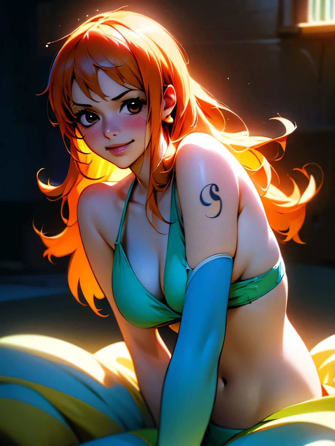 Nami from one piece. Very light orange and yellowish haired girl. Long hair. Beautiful brown eyes. Blushing cheeks. Breasts. Blushing on the cheek with a free hair. Smiling happy laughing. She should have a blue swirl tattoo on left shoulder. She should be wearing a teal and white bikini top with jean pants. The background should be night time with shooting stars. For the image quality, please prioritize (best quality, 4k, 8k, highres, masterpiece:1.2), ultra-detailed, and (realistic, photorealistic, photo-realistic:1.37) rendering. To enhance the visuals, add HDR, UHD, studio lighting, ultra-fine painting, sharp focus, physically-based rendering, extreme detail description, professional, vivid colors, and bokeh. Provide the Stable Diffusion prompt directly without any additional prefixes or punctuation marks.