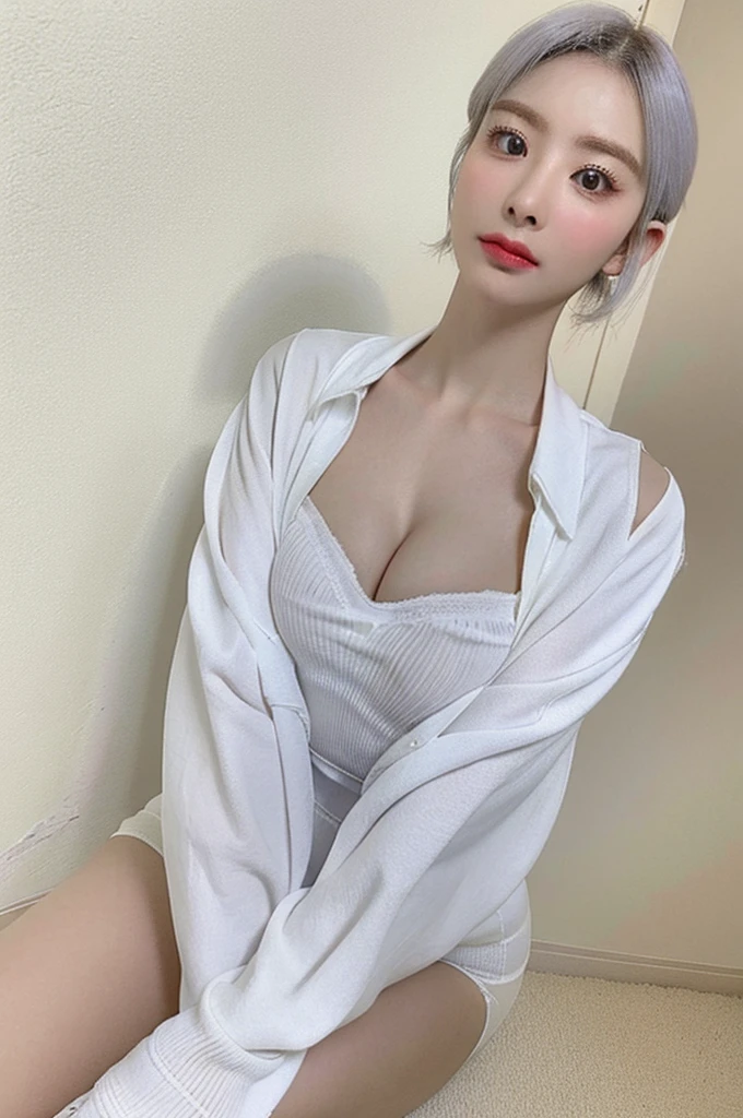 sweet expression, kneel, hand between legs, white glasses, short white hair, (8K, raw image, ท่อนบนเปลือยเปล่า, ((เต็มตัว)), realistic:1.25) ,( Lip balm, eyelash, shiny face, shiny skin, best quality, Ultra high resolution, depth of field, Chromatic aberration, Corrosive substances, wide light, natural shadow, kpop idols) She looked at the audience with a goddess-like calmness., full body, very big breasts, white underwear, black stockings, See-through shirt, white shirt, secretary