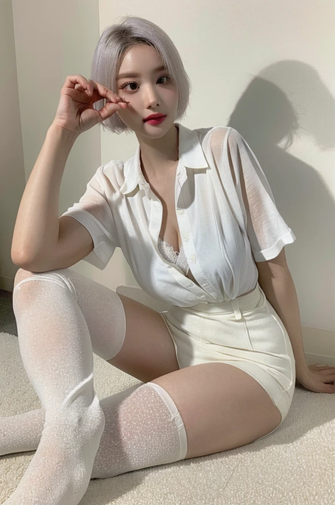 sweet expression, kneel, hand between legs, white glasses, short white hair, (8K, raw image, ท่อนบนเปลือยเปล่า, ((เต็มตัว)), realistic:1.25) ,( Lip balm, eyelash, shiny face, shiny skin, best quality, Ultra high resolution, depth of field, Chromatic aberration, Corrosive substances, wide light, natural shadow, kpop idols) She looked at the audience with a goddess-like calmness., full body, very big breasts, white underwear, black stockings, See-through shirt, white shirt, secretary