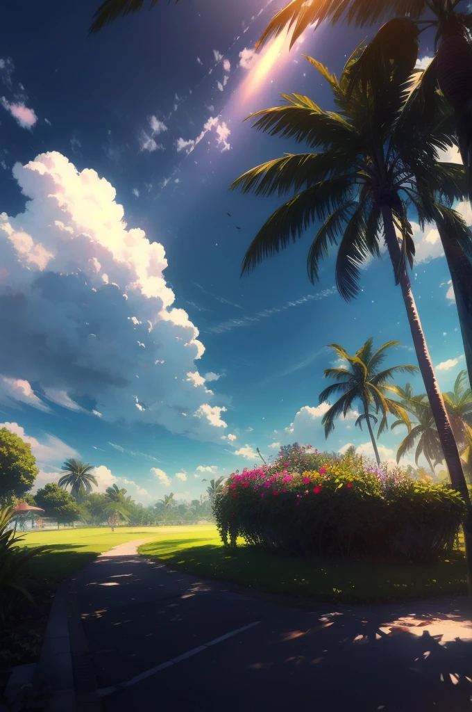 Ultra-realistic scenes, Parallel world, Divine tropical otherworldly plants, cult, Tropical flowers, Unusual art, Unique art, Summer blue sky background, sunlight, bright sunlight, Blender, Product Rendering, High quality 8K. --v6