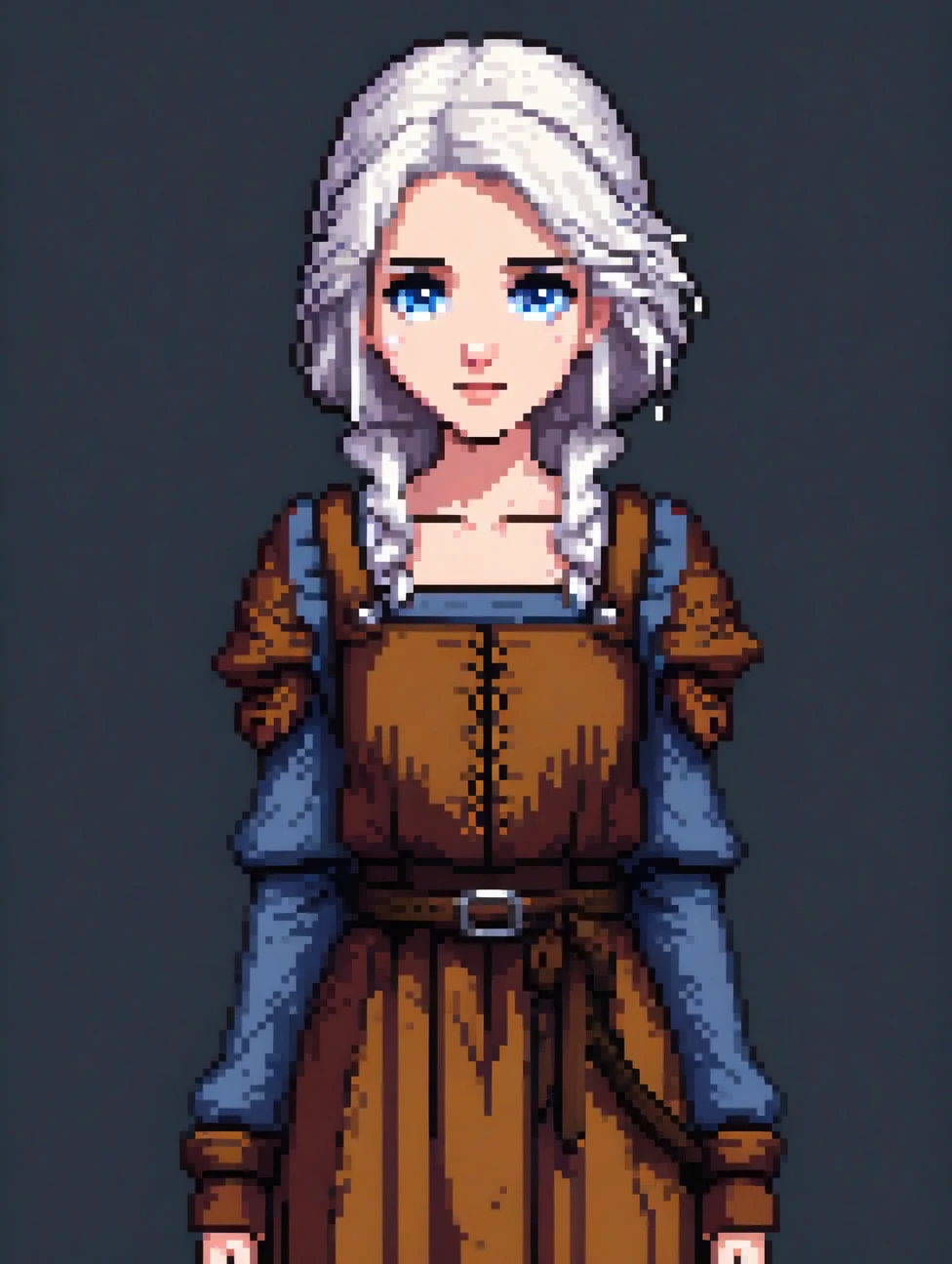 (Pixel art: 1.2), 1 young woman, 25 years old, medieval, white hair, brown peasant clothes, front view, full body, visible lips and nose, blue eyes, Black background, sad face, determined expression