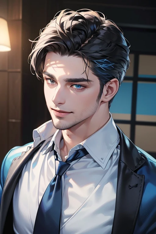 a handsome 35 year old man, 3 day beard, dark hair, sharp jawline, (mesmerizing blue eyes), perfectly styled hair, wearing cool anime outfitt, dynamic lighting, (CEO), (expression, smile in love), (best quality,4k,8k,highres,masterpiece:1.2),ultra-detailed,(realistic,photorealistic,photo-realistic:1.37)