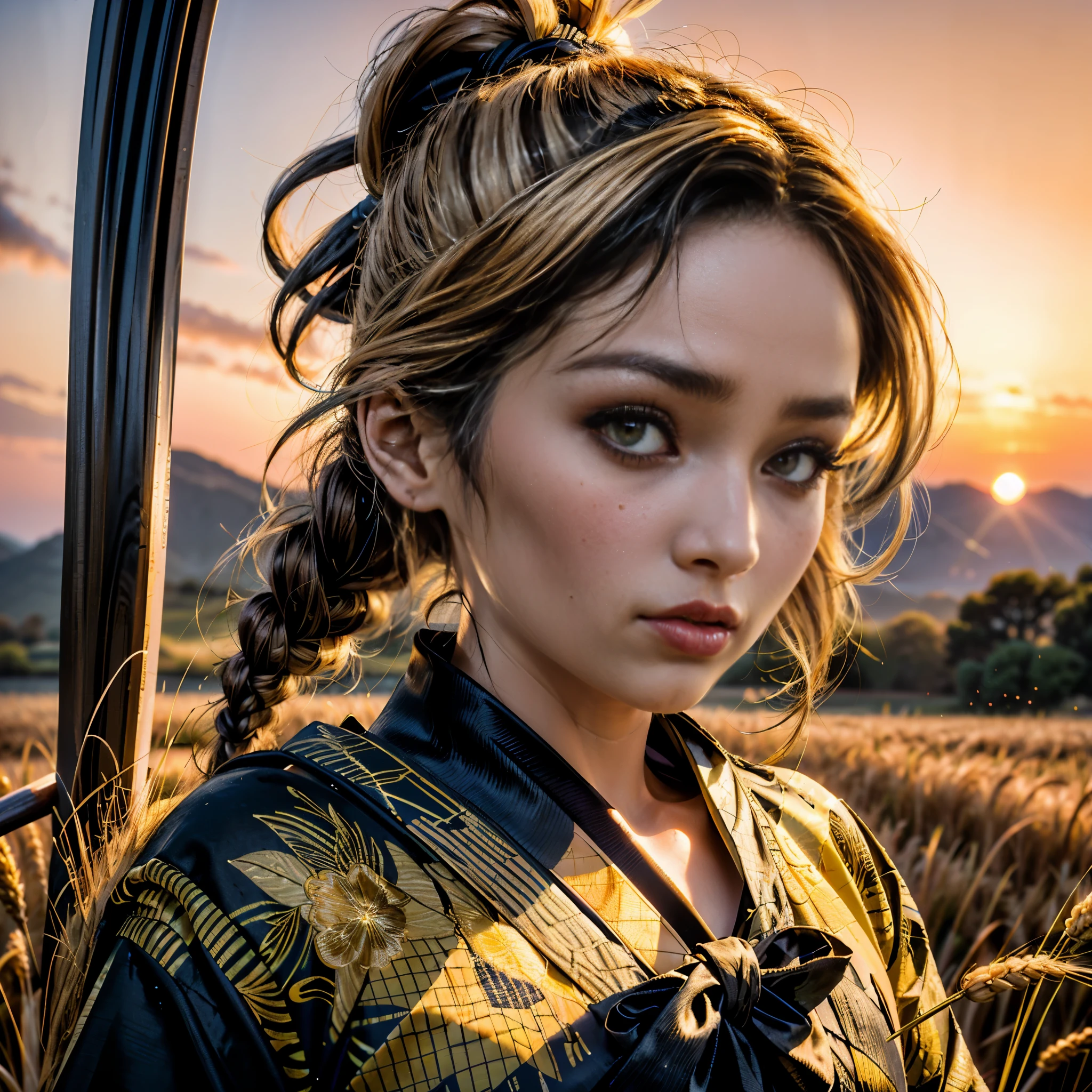 A girl in a kimono with a blank look stands waist-deep in a field of wheat, a black kimono with gold edges, her hair is tied in a ponytail, yellow eyes, the sunset is reflected in her eyes, the light falls on her face, half-sideways to the camera