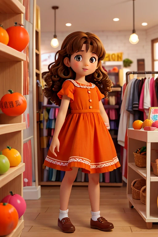 10 year old brunette with curly hair brown eyes and small nose wearing a modern orange dress selling clothes in her store
