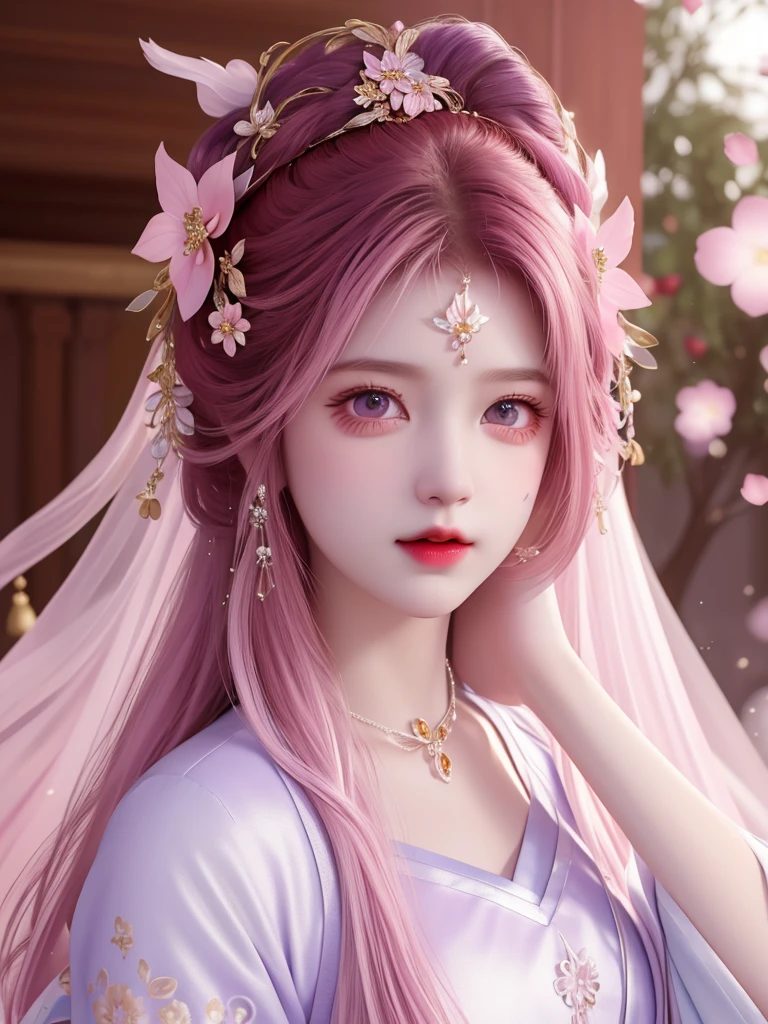 best quality, masterpiece, High target, There is a girl with a basket of flowers on her head, beautiful clothes, Hair Decorationss, necklace, Decorations, Pretty Face, When the body, Tyndall effect, Realistic Portraits, Edge lighting, Two-color light, (Very delicate skin:1.2), 8K uhd, Digital SLR Camera, Soft Light, high quality, Volumetric Lighting, Honest, photo, high resolution, 4K, 8K, Bokeh, Jasmine red hair,purple hair ends, Pink Eyes.