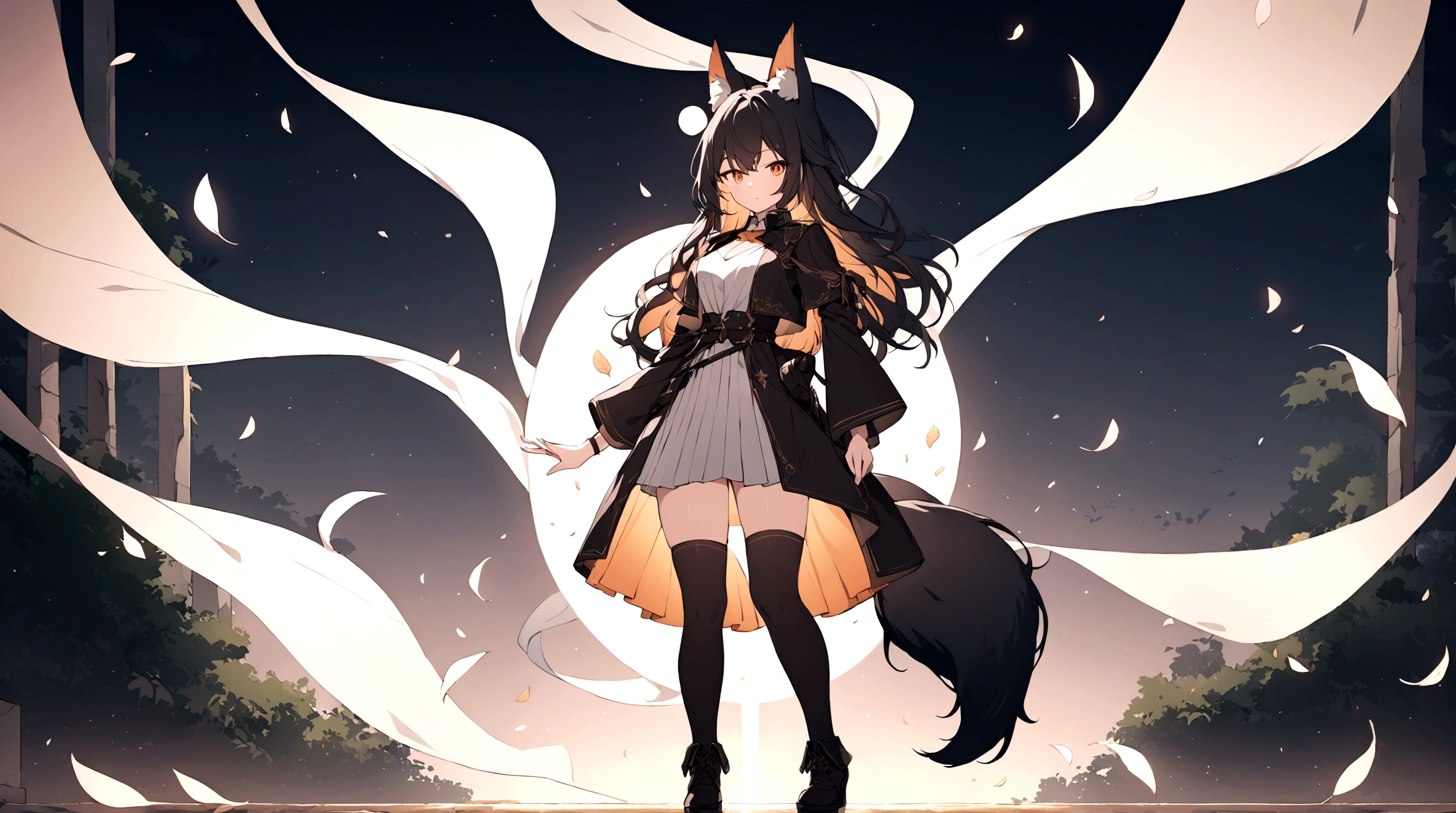 (1girl, Masterpiece, best quality) (detailed and beautiful eyes:1.6) (perfect hands, perfect anatomy) ((full body)) ((more Adult body)) fox-girl Misaki has ((short black hair styled in a slightly tousled manner and her fox ears are perked up attentively.)) ((She wears a black, adventurer leather armor, coat)) Her outfit includes a leather straps, emphasizing a combination of practicality) and elegance. She has a one black, big **fluffy** fox tail. She has a black long over-to-knee socks. Misaki's orange eyes exude a sense of mystery and confidence. Light filtering through the leaves create a serene yet enigmatic atmosphere. Her standing positon showcases her strength, adultness and readiness for battle.