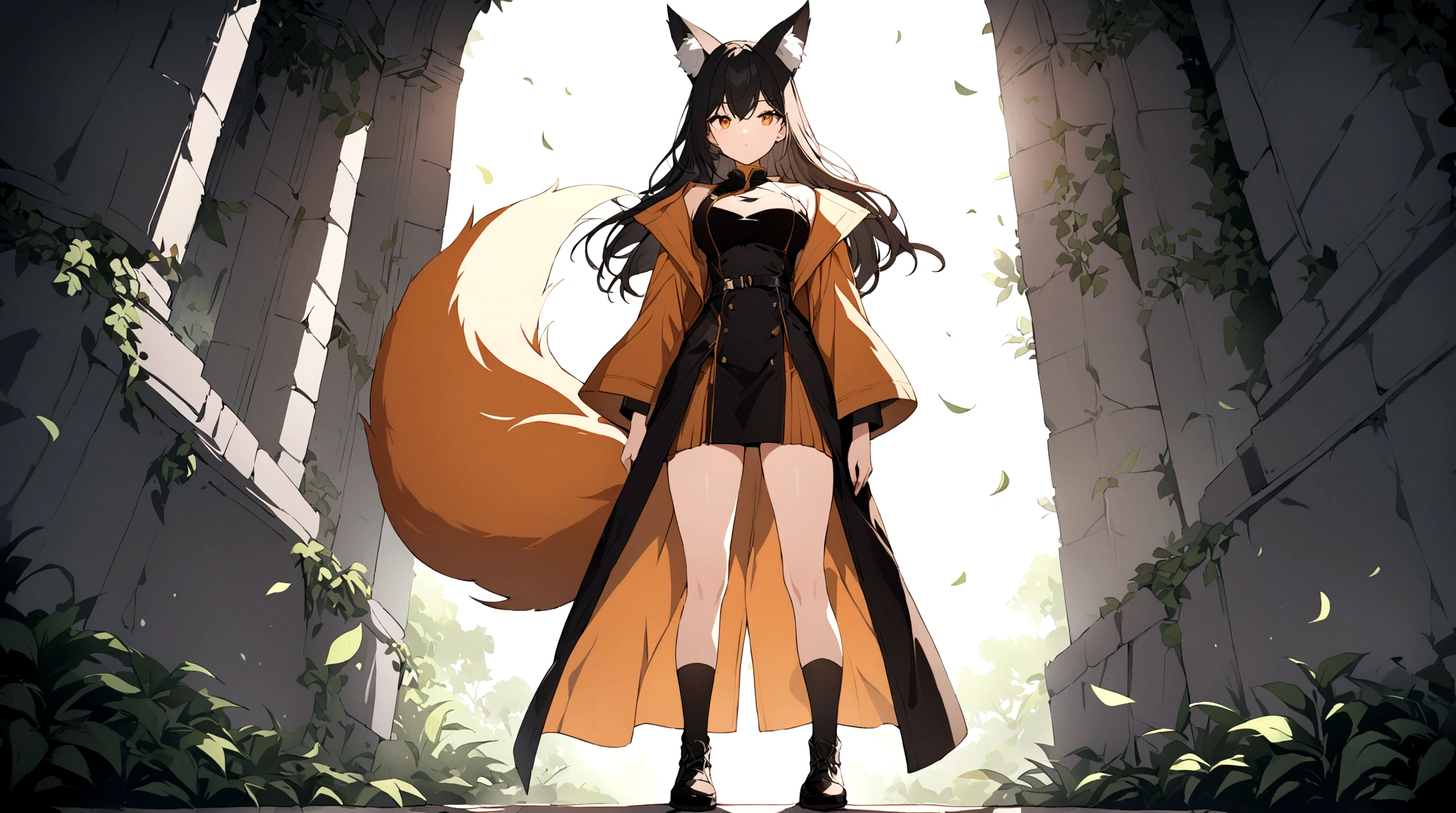 (1girl, Masterpiece, best quality) (detailed and beautiful eyes:1.6) (perfect hands, perfect anatomy) ((full body)) ((more Adult body)) fox-girl Misaki has ((short black hair styled in a slightly tousled manner and her fox ears are perked up attentively.)) ((She wears a black, adventurer leather armor, coat)) Her outfit includes a leather straps, emphasizing a combination of practicality) and elegance. She has a one black, big **fluffy** fox tail. She has a black long over-to-knee socks. Misaki's orange eyes exude a sense of mystery and confidence. Light filtering through the leaves create a serene yet enigmatic atmosphere. Her standing positon showcases her strength, adultness and readiness for battle.
