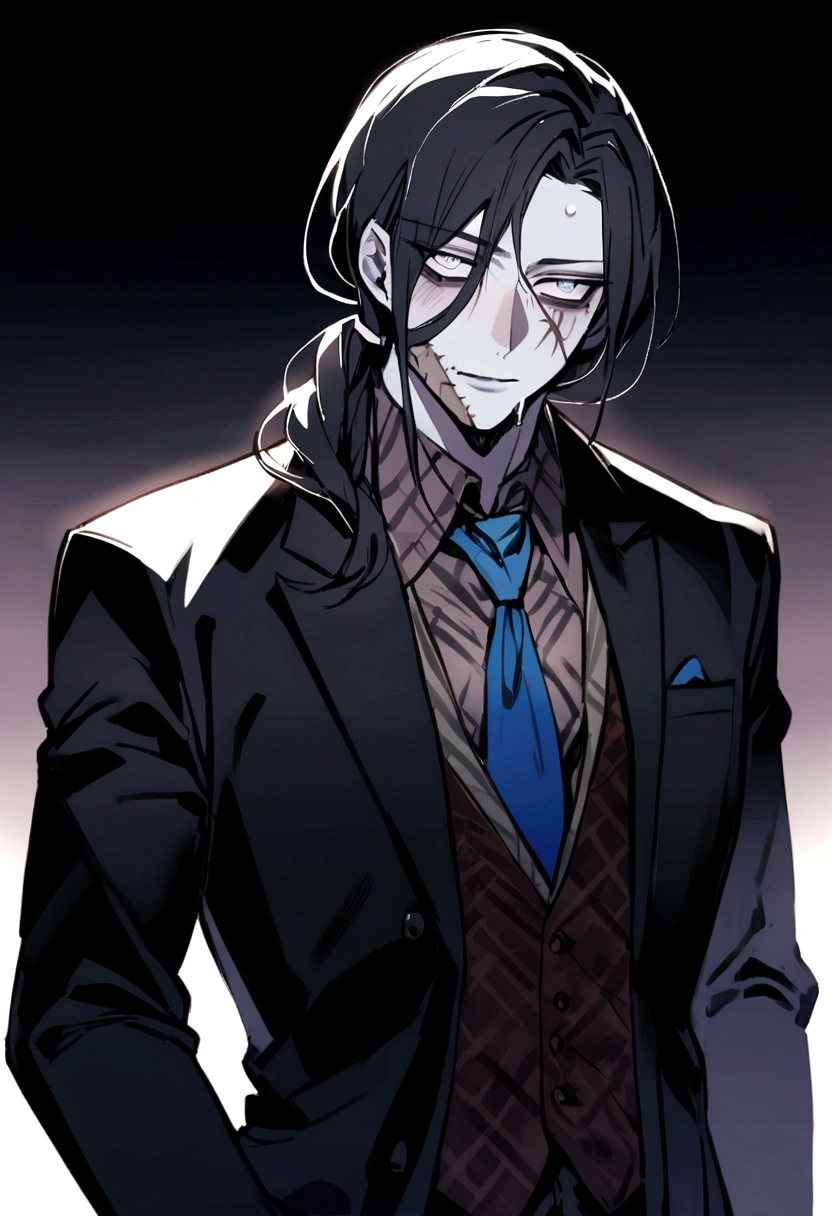 naughty man,zombie with scars on his face,with white eyes and long black hair with dark circles under his eyes and a beautiful appearance in addition to wearing a dark suit,appears to be cold but with a good personality, has a striking look 