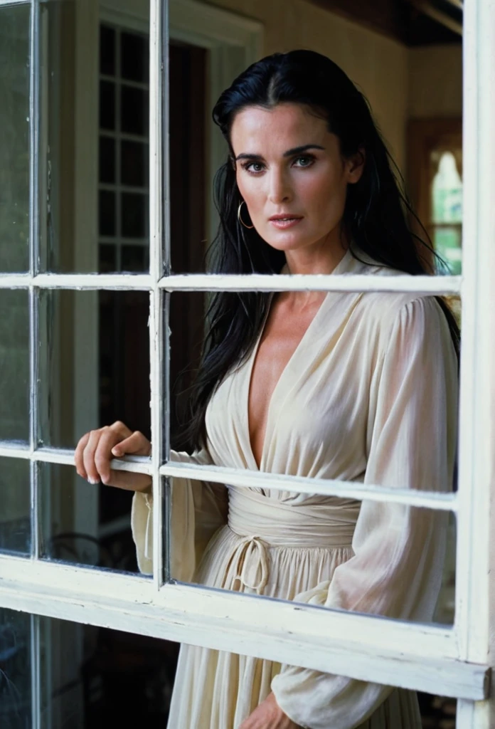 (establishing shot view :1.1), Demi Moore in a (Ghost (1990) film scene:1.1), looking at the camera throgh a window of a house, stunning,dynamic pose,hyper-realistic,highly detailed,lightroom,(motion blur),iso 150,dramatic lighting,((psychedelic)),natural lighting,vibrant,dramatic expressive background,intricate detail,