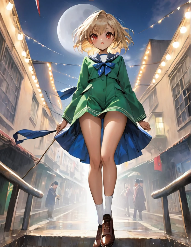 Highest quality, masterpiece, Ultra-high resolution, One girl,
Blonde、Smooth Hair、Two-tone hair、Bobcut、Red Eyes、Sparkling Eyes、Detailed eyes、Slanted Eyes、Tanned, wheat-colored skin、Brown Skin、Chocolate skin、Traditional deep green sailor suit、White socks、loafers、whole body、Low - Angle、Fanning angles、Big Moon、Fantastic scene、Standing with your legs apart、Arms crossed、Confident expression
