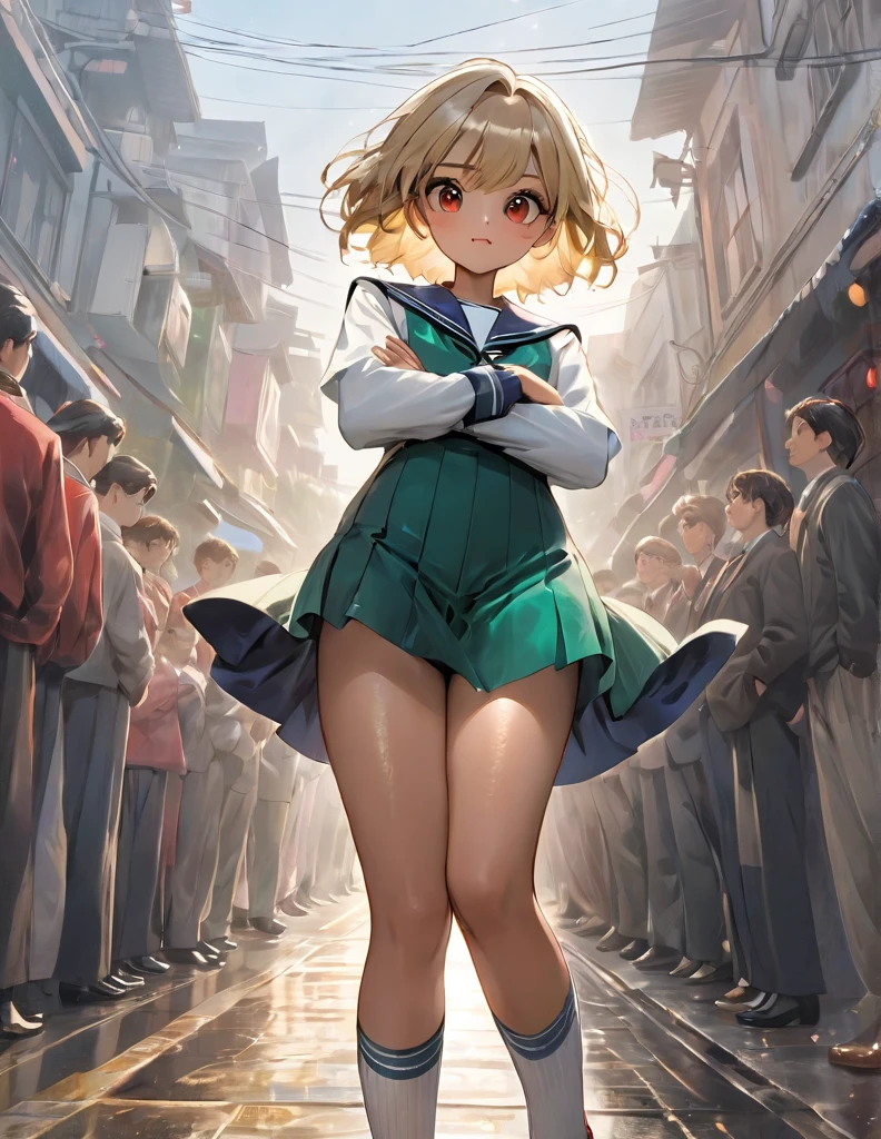 Highest quality, masterpiece, Ultra-high resolution, One girl,
Blonde、Smooth Hair、Two-tone hair、Bobcut、Red Eyes、Sparkling Eyes、Detailed eyes、Slanted Eyes、Tanned, wheat-colored skin、Brown Skin、Chocolate skin、Traditional deep green sailor suit、White socks、loafers、whole body、Low - Angle、Fanning angles、Big Moon、Fantastic scene、Standing with your legs apart、Arms crossed、Confident expression