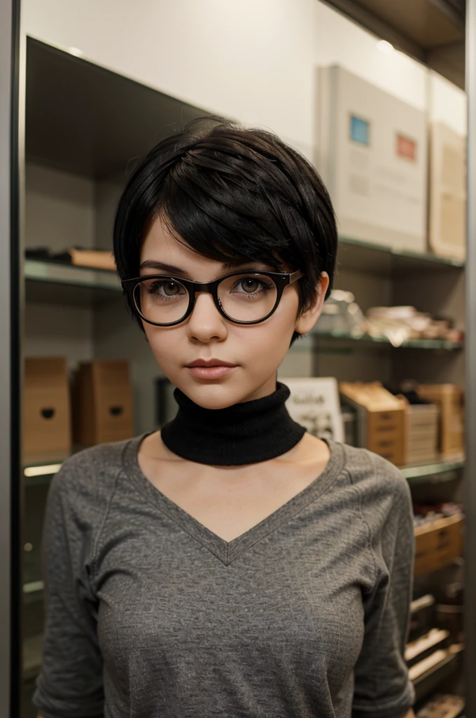 a blythe doll with black short wolfcut hair and wear glasses