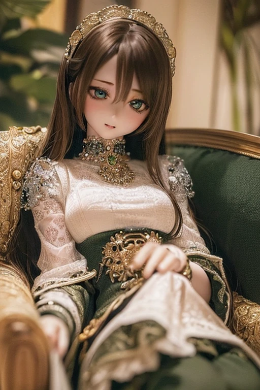 photorealistic, realistic photo, ((highest quality)), ((masterpiece)), (extremely detailed), kukolnydom, doll, (mature woman:1.6), solo, eye level shot, sitting on sofa, green eyes, (reclining on sofa, blank eyes, empty eyes, detailed eyes:1.3), (light smile), dress, museum, 8k