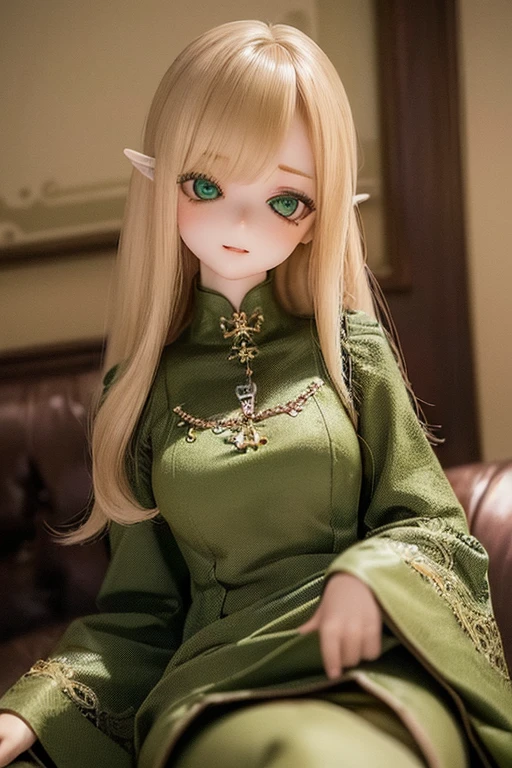 photorealistic, realistic photo, ((highest quality)), ((masterpiece)), (extremely detailed), kukolnydom, doll, (mature woman:1.6), solo, eye level shot, sitting on sofa, green eyes, (reclining on sofa, blank eyes, empty eyes, detailed eyes:1.3), (light smile), dress, museum, 8k