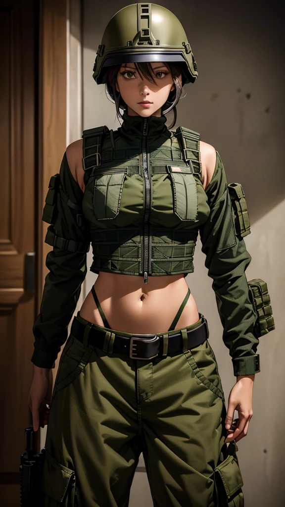 Women in crop top military bulletproof vest , military green cargo pants, belt, military helmet, tactical, open navel, not skinny, pistol on belt,