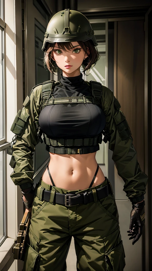 Women in crop top military bulletproof vest , military green cargo pants, belt, military helmet, tactical, open navel, not skinny, pistol on belt,