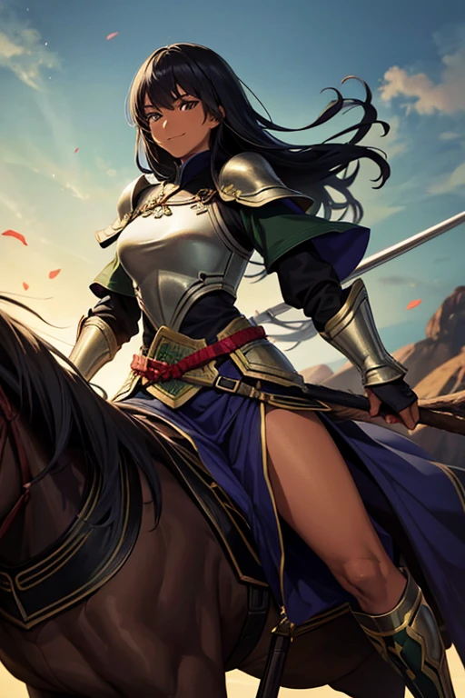Anime Art、Full body portrait、Ancient Chinese cavalry、A dark-skinned woman of about 25 years old, around 150cm tall, wearing dark green clothing, riding a large horse and holding a long spear in her right hand.、Condescending smile、Short medium hairstyle、Black Hair、Wearing armour on the lower half of the body