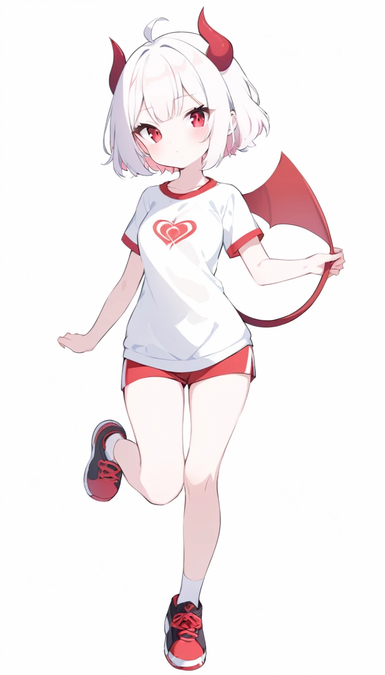 Teenage girl, devil girl, little red horns, white hair, short fluffy hair, big red eyes, pale skin, rosy cheeks, medium breasts, red cheeks, white sports shirt with a diaganal red side stripe from left to right. white background, full body