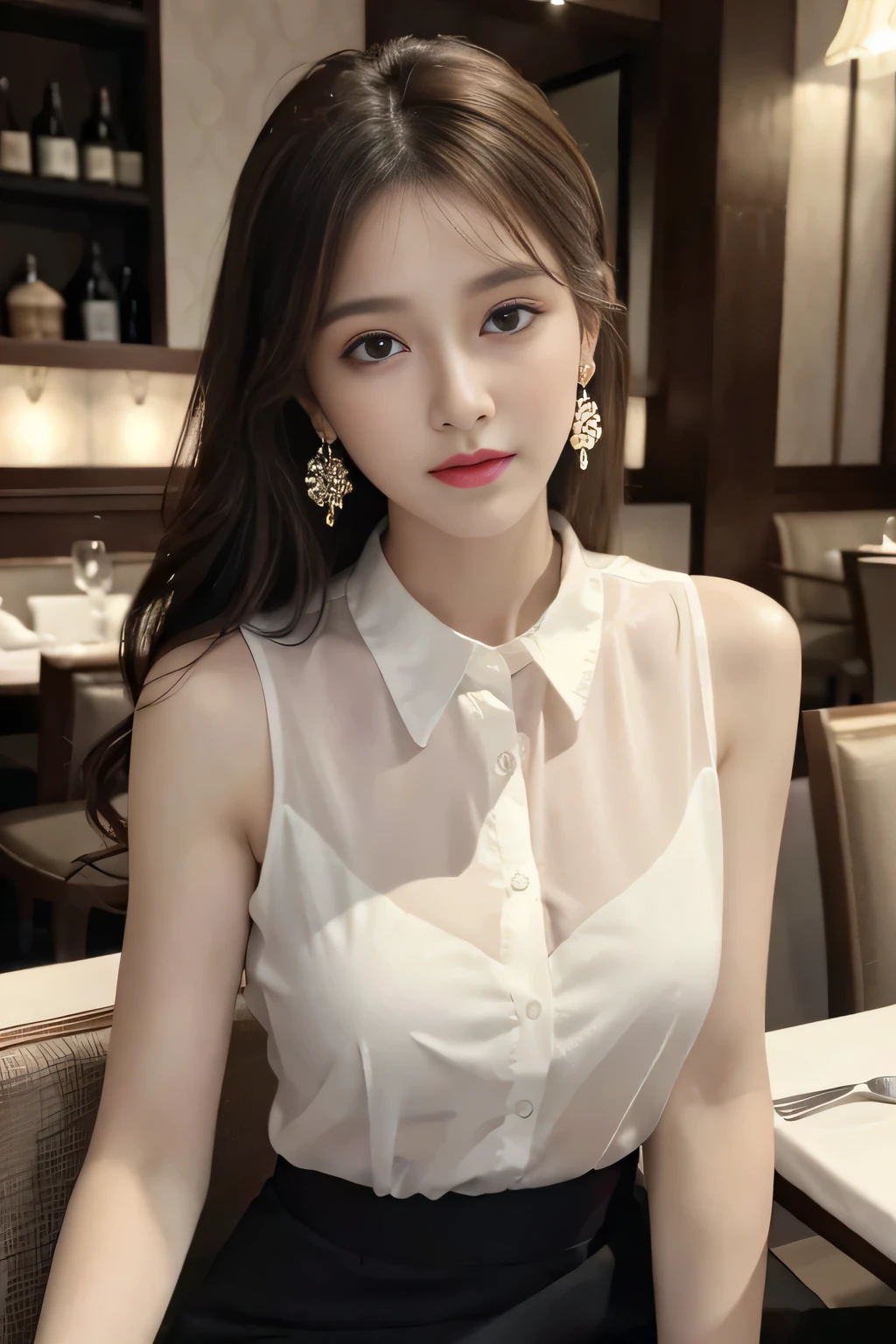 masterpiece, Highest quality, Realistic, Very detailed, Finer details, High resolution, 8k wallpaper, One beautiful woman, Wear an elegant white see-through shirt, In a great restaurant, At night, Light brown messy hair, Perfect dynamic composition, Beautiful and beautiful eyes、Big earrings、Sit on a chair、Sleeveless shirt、