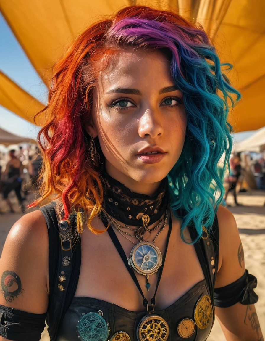 beautiful woman Selena with colorful hair in Burning Man tent, daylight, steampunk cosplay, (freckles:0.2), detailed face, detailed eyes, detailed lips, highly detailed, 8k, photorealistic, masterpiece, vibrant colors, dynamic lighting, intricate details, cinematic composition, volumetric lighting, chiaroscuro, dramatic shadows, dramatic lighting, warm color palette