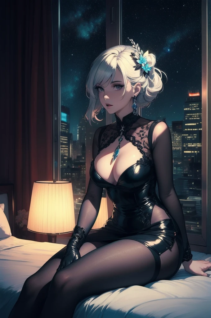 ((masterpiece, Highest quality)),, st. Louis (Luxury Wheels) (Azur Lane), High resolution, Highest quality, figure, Cinematic Light, Super detailed, Detailed face, (Fine grain), Highest quality, Super detailed, masterpiece, (Detailed face), Large Breasts, hair ornaments, Earrings, necklace, Portraiture, Silver Dress, Revealing clothing,Best details, Glowing Eyes, (Hotel:1.2), Sitting in bed, Sitting, bed, window, Night Sky, Backlight, light, (High Contrast), (colorful),