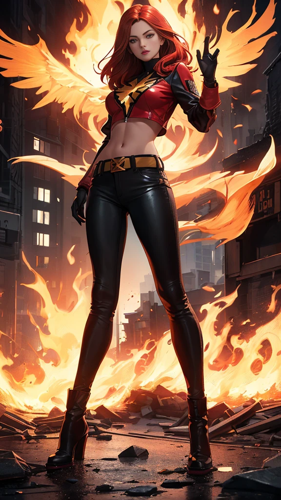 ((full body photo, standing, on the ground)) (Highly quality, masterpiece, detailed), burning city detailed scenario, burning city detailed background, jean-grey, belt, red leather crop top jacket, gloves, Phoenix symbol on chest, red leather pants, navel, perfect face, beautiful eyes, looking at the viewer, Sexy pose